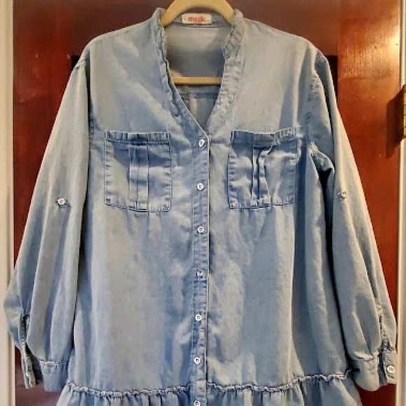 M Light Blue Mazik Button Down Distressed Denim Shirt Dress/Tunic 100% Cotton - Picture 11 of 16